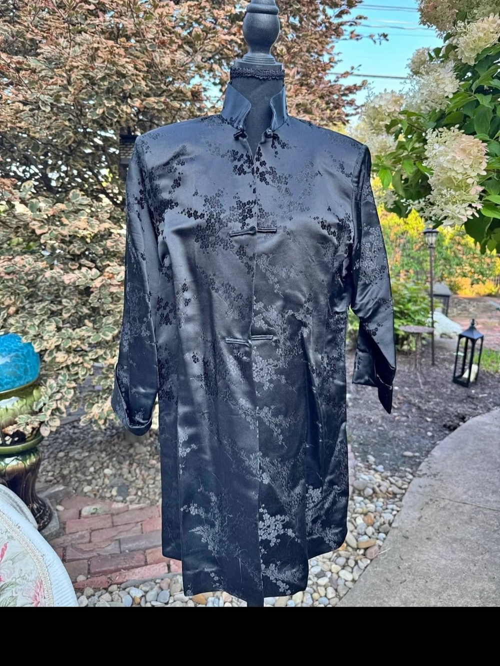 Black Satin Embroidered Mandarin Collar Jacket